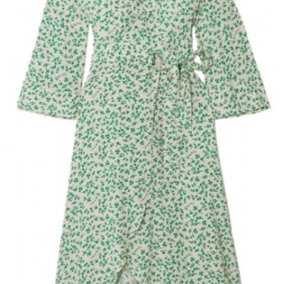 Ganni Ivory & Green Floral Print Crepe Wrap Dress Sz 40 (US 8) NWT - Picture 2 of 11